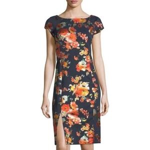 Weslee Rose Navy Orange Metallic Floral Sheath‎ Dress Cap Sleeve Size 4